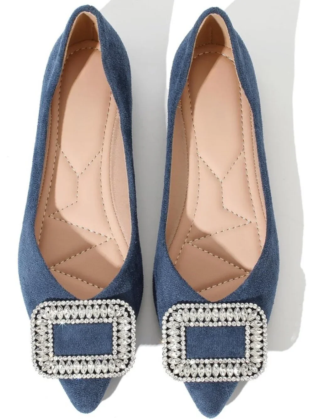 Women's Blue Suede Pointed Toe Rhinestone Ballet Flats Slip On Party Dress Shoes